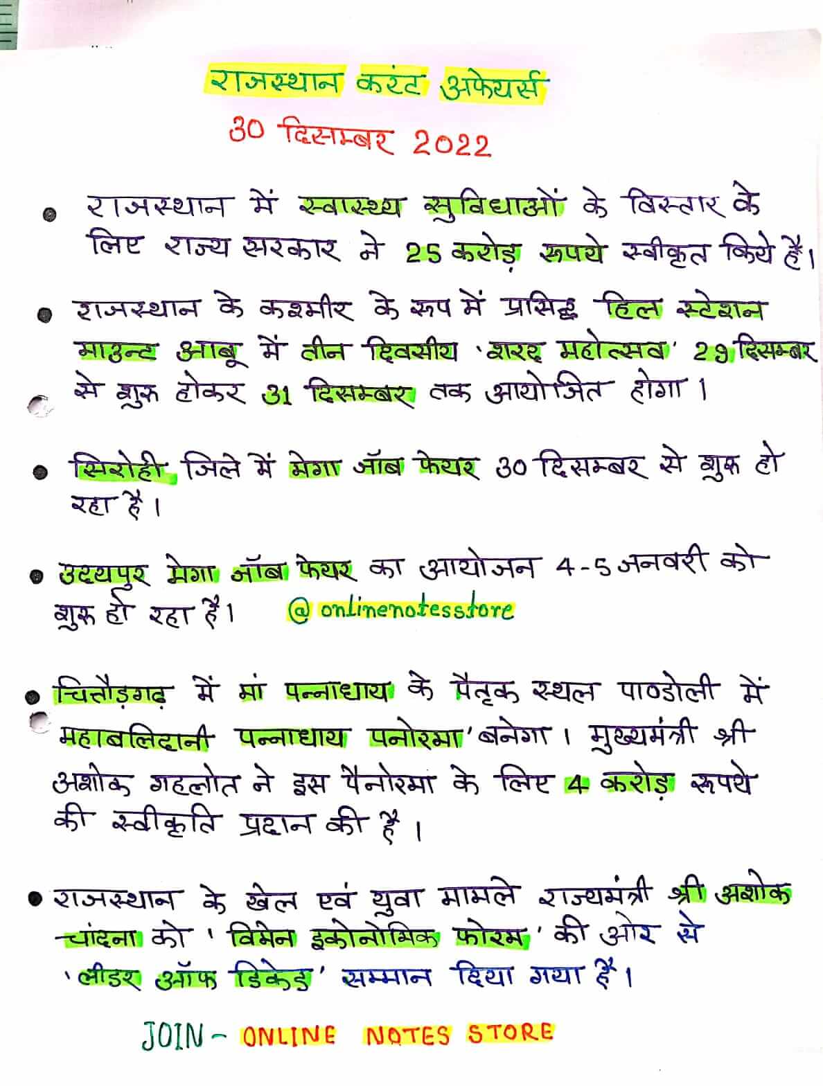 December 2022 Rajasthan Current Affairs in Hindi PDF